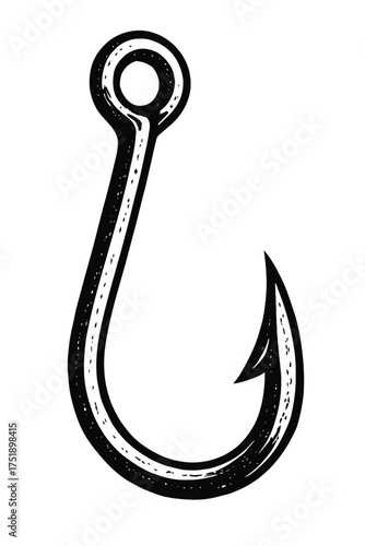 Classic Black & White Distressed Fishing Hook Illustration for Angling Enthusiasts, Outdoor Lifestyle Decor, Vintage Tackle Box Art, Retro Design Elements, Rustic Nautical Themed Graphical, and Logos.