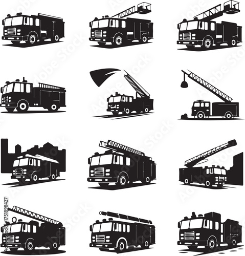 Fire truck illustrations collection black and white vector graphic set