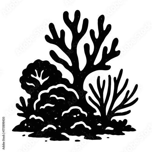 Stylized black and white illustration depicting a vibrant yet monochromatic underwater coral reef ecosystem, showcasing intricate branching corals, bushy marine flora, and spiky aquatic elements for d