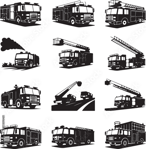 Fire truck silhouettes depicting various emergency response vehicles in action