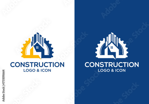 Vector house construction logo design with gears and building. Construction logo vector illustration