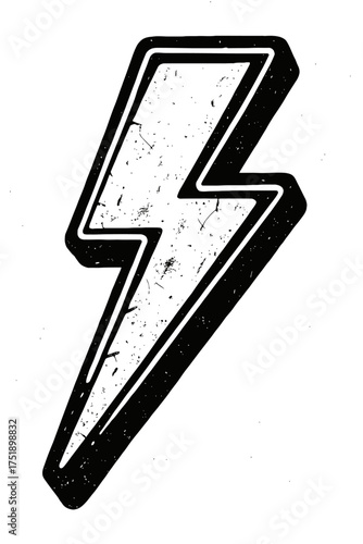 Distressed Grunge Lightning Bolt Vector Icon - Hand-Drawn Black & White Thunder Flash Symbol with Retro Outline & Textured Effect, Ideal for Energy, Power, Speed, Storm, Rock Music, Heavy Metal, & Sup