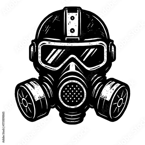 Black and white vector illustration of a gas mask. Full-face respirator with goggles and side filters. Ideal for post-apocalyptic survival, tactical defense, industrial safety, dystopian themes. Power