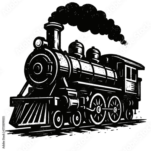 Stunning Vintage Steam Train Locomotive Black and White Illustration – A Powerful, Classic Railway Engine Artwork Evoking Historical Journeys, Industrial Heritage, and Rustic Charm with Billowing Smok