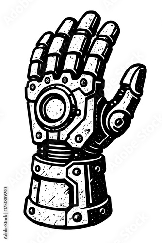 Detailed black & white illustration of a gritty, segmented robotic hand with a distressed texture, showcasing futuristic science fiction technology, advanced prosthetics, and cyberpunk mechanical aest
