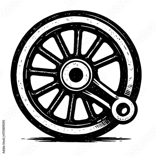 Grungy Monochrome Industrial Machine Wheel with Connecting Rod and Auxiliary Mechanism Illustration – Vintage Mechanical Component, Engraved Style, Black and White Woodcut Art, Detailed Engineering Bl