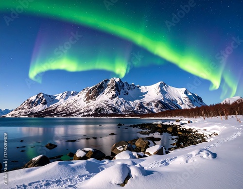 Vibrant aurora borealis arches over snow-covered mountains and a calm, reflective lake