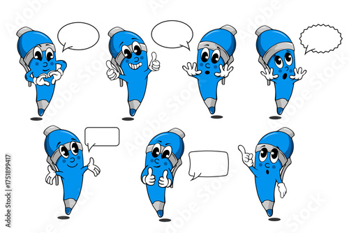 Cute blue pen cartoon character set with various emotions and speech bubbles. Perfect for education, school, office, communication, or creative design projects