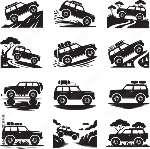 Off road vehicle adventure silhouette set for travel and recreation