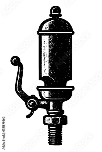 Vintage Industrial Steam Whistle Illustration - Classic Mechanical Signaling Device with Lever & Threaded Base. Historical Engraving of an Antique Alert System for Locomotives, Ships, and Factories. E