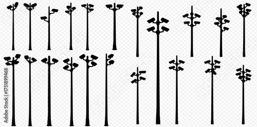 A collection of black silhouettes showing various designs of street light poles and stadium floodlights on a transparent background.