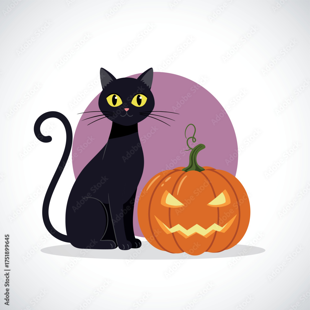 Fototapeta premium Cute Black Cat and Pumpkin – Halloween Vector Art