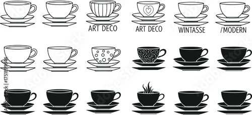 Black and white coffee cup silhouette vector set, art deco, modern mug, teacup illustration, vintage cafe, minimalist design