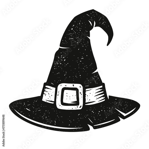 Classic Distressed Black Witch Hat with Square Buckle, Perfect for Halloween Decorations, Spooky Party Invitations, Magical Graphics, Enchanting Fantasy Themes, Vintage Holiday Designs, and Mystic Cos