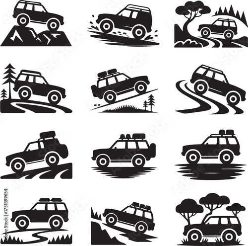 Off Road Adventure Car Icons Vehicle Silhouettes and Outdoor Terrain