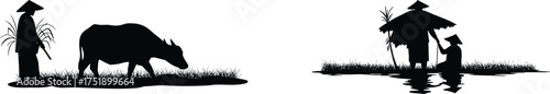 Farmer silhouette with buffalo and rice field scene, rural village lifestyle illustration, traditional agriculture vector art, countryside black design