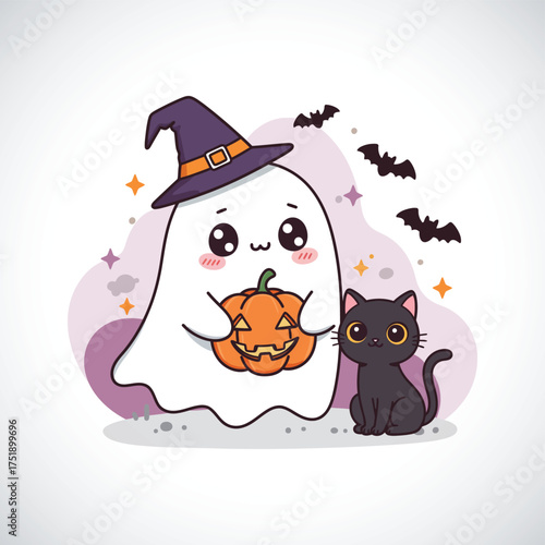ute Ghost with Pumpkin and Black Cat – Halloween Illustration