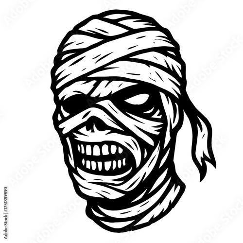 Spooky ancient Egyptian mummy head vector art for Halloween horror designs, featuring an aggressive undead monster with bared teeth and glowing eyes, perfect for t-shirts, posters, and graphic digital