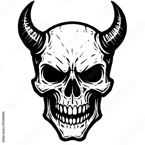 Powerful black and white horned skull design, a fierce demon head illustration perfect for gothic aesthetics, heavy metal apparel, dark fantasy art, and edgy streetwear. This intimidating symbol of re