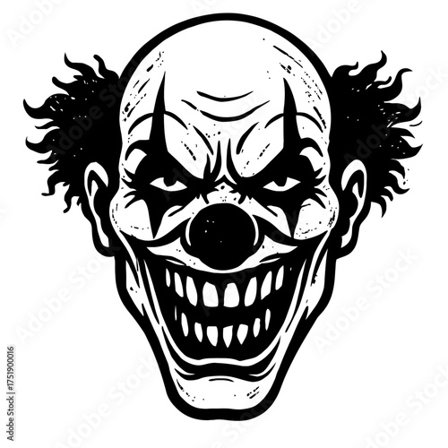 Chilling Black and White Evil Clown Face Illustration with a Terrifying Wide Grin, Sharp Pointed Teeth, and Menacing Piercing Eyes. This Sinister Horror Portrait is Perfect for Halloween, Spooky Theme