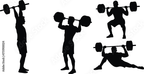Man lifting barbell silhouette, strength training exercise, bodybuilding workout, powerlifting position, athletic gym routine, muscle fitness, sports illustration, health concept, vector design