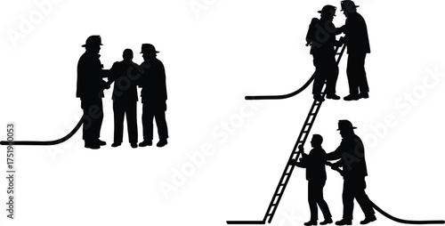 Firefighters teamwork silhouette with hose and ladder, rescue operation, emergency response, firefighter helping people in danger, fire safety illustration
