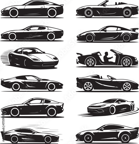 Set of black and white modern sport cars vector illustration