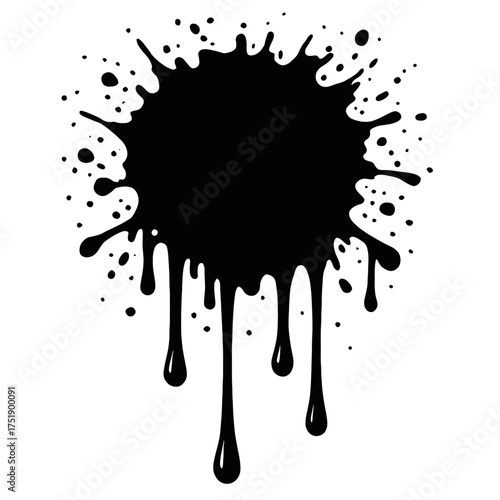 Abstract black paint splash graphic with dynamic drips, intricate ink blot texture, and scattered droplet details, ideal for grunge effects, artistic backgrounds, graphic design elements, creative ove