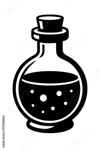 Black and white vector illustration of a vintage potion bottle, a magical elixir flask with a cork stopper, containing a mysterious bubbling liquid. Perfect for alchemy, fantasy, and spellcraft design