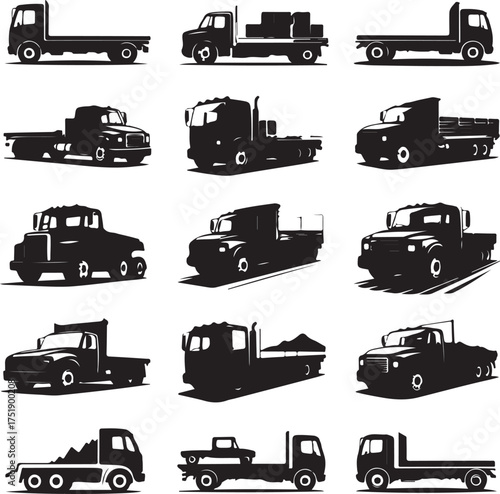 Set of Black and White Truck Silhouette Illustrations for Transport Needs