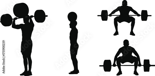 Man lifting barbell silhouette, weightlifting exercise, gym training, bodybuilding strength workout, powerlifting posture, athletic fitness, sports illustration, vector design, health concept