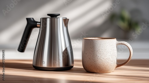 Sleek stainless steel kettle and rustic ceramic mug on a wooden surface