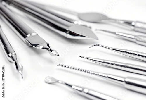 Close-up of various dental tools and instruments on a white background.
