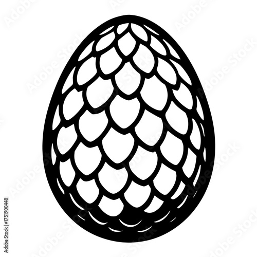 Monochrome vector outline illustration of a fantasy egg with intricate, overlapping scales. The ovoid shape suggests a mystical dragon egg or ancient creature genesis, ideal for mythical themes, magic