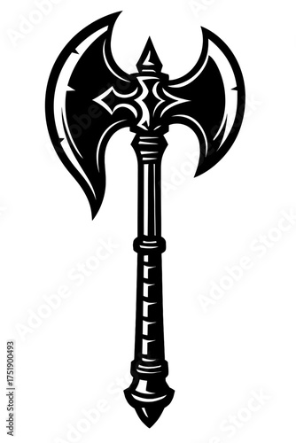 Majestic double-bladed battle axe vector art, a powerful black and white silhouette perfect for medieval fantasy combat themes. This formidable weapon embodies warrior strength, epic gaming, mythical