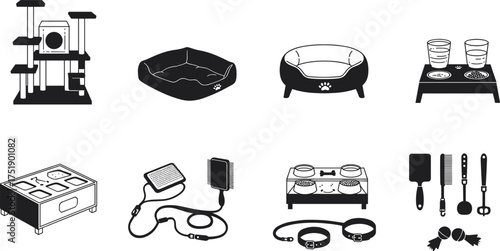 Black silhouette vector illustration of pet supplies including cat tree, beds, feeding bowls, leash, collar, brushes, toys, isolated white background