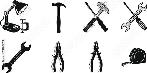 Black silhouette vector of hand tools, hammer, wrench, pliers, screwdriver, lamp, tape measure, repair equipment, construction illustration