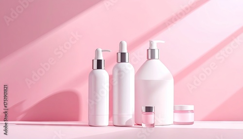 Elegant White Cosmetic Product Lineup on Soft Pink Backdrop with Gleaming Light Streaks Minimalist Style Studio Shot