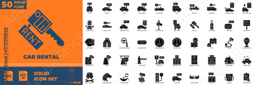 Car Rental Solid editable icon set. Contain icons related to car, rental, vehicle, transport and more