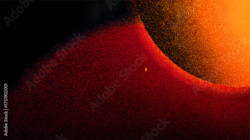 Abstract red and black background with flowing curves and sparkles.