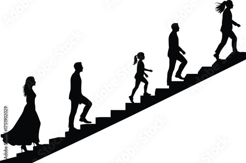People silhouettes walking upstairs, family progression, teamwork growth, career success concept, motivation, achievement steps, business development, progress path, flat vector illustration