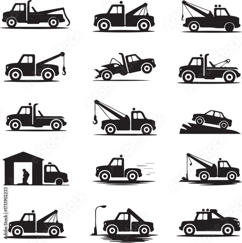 Tow Truck Icon Set Black and White Roadside Assistance Collection