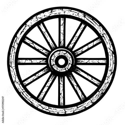 Detailed black and white illustration of a rustic wooden wagon wheel, showcasing weathered texture, sturdy spokes, and a classic hub design, ideal for vintage historical themes, transportation imagery