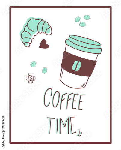 Poster for coffee products. A cup of coffee, a croissant, and coffee beans with spices. Vector card for bakeries and coffee shops.