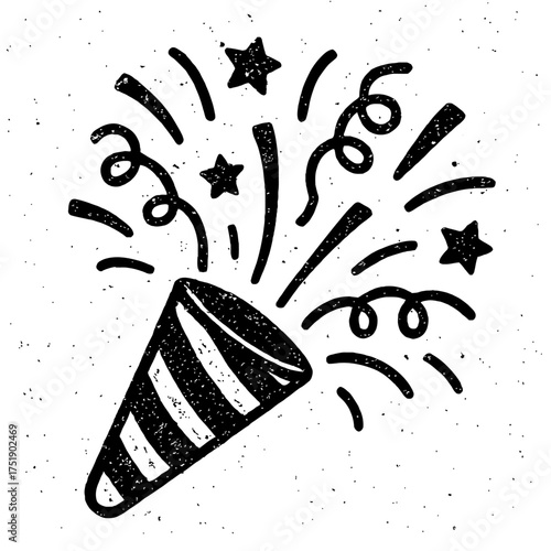 Festive hand-drawn black and white party popper illustration with exploding confetti, streamers, and stars, perfect for celebrations, New Year's Eve, birthdays, anniversaries, and joyful events, featu