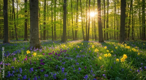 Golden Sunlight Piercing Through Lush Forest Canopy, Springtime Bloom, Serene Landscape.