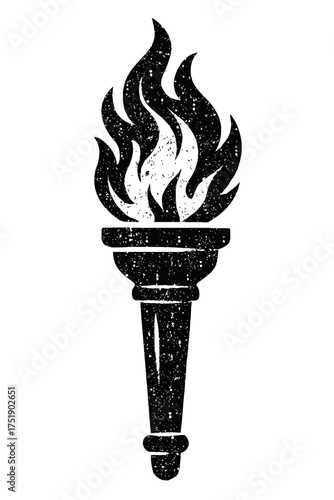 Grungy textured black silhouette of a torch with a blazing flame, symbolizing enlightenment, freedom, and eternal knowledge, rendered in a vintage, distressed style, perfect for historical, educationa