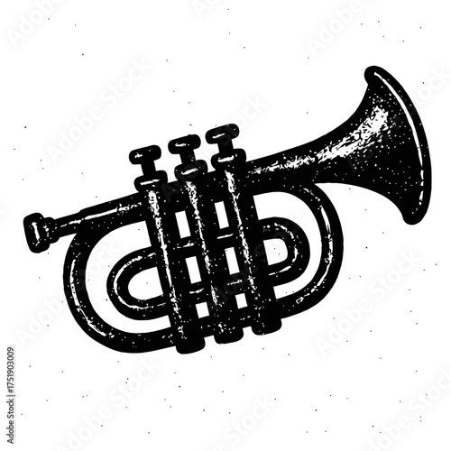 Distressed black and white trumpet illustration, a grunge-textured silhouette of a classic brass musical instrument. Perfect for vintage, retro, jazz, and music-themed designs, offering an iconic hand