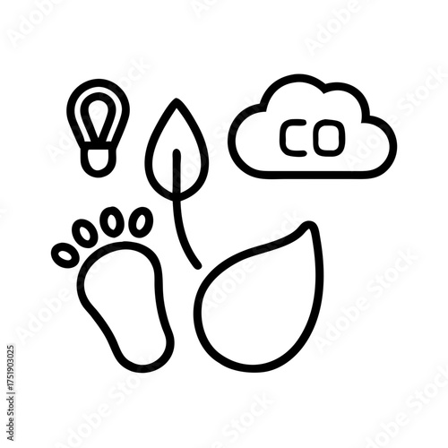 Icon depicting carbon footprint reduction with leaf, foot, and co2 cloud