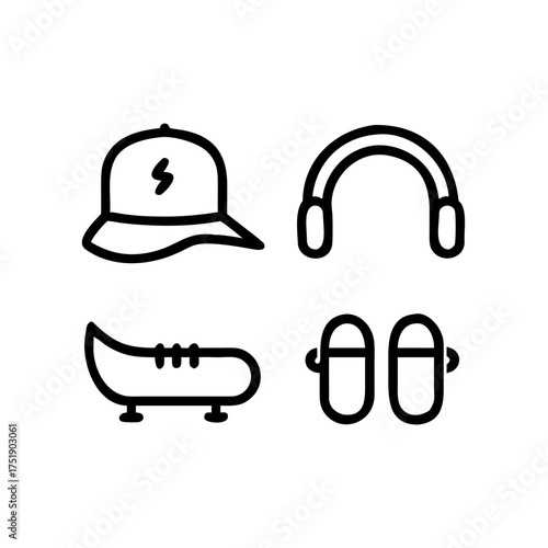 Icon set featuring a cap, headphones, ice skate, and pair of flipflops